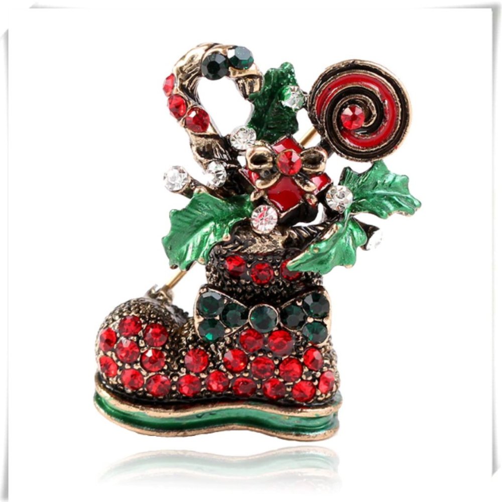 💲Sale 10/$15 ❤️ Christmas Gold-Multi Boot Stocking Candy Poinsettia Pin Brooch